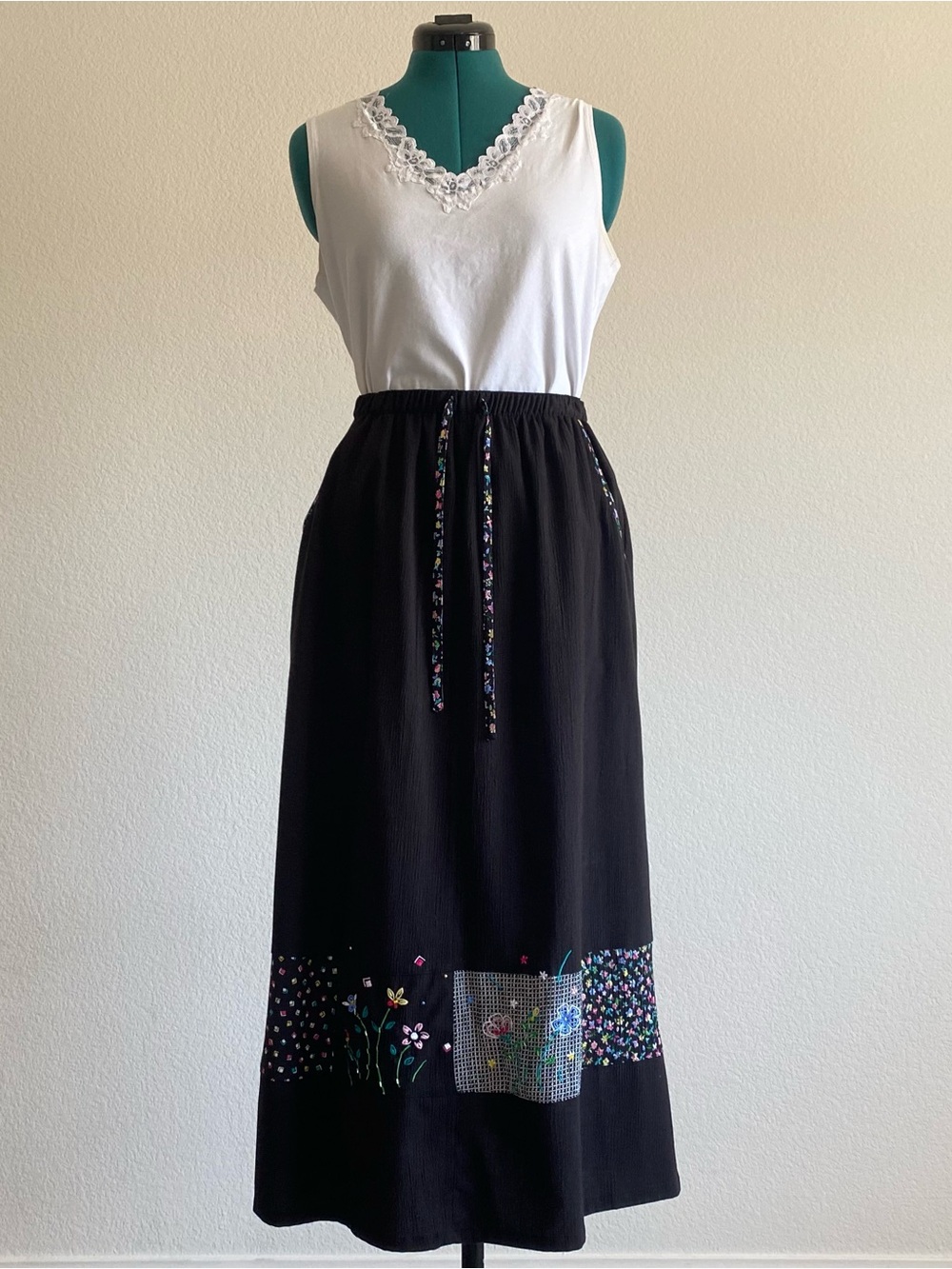 Vintage Napa Valley drawstring patchwork maxi skirt